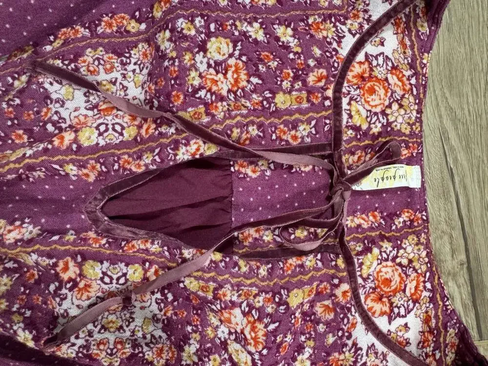 Free People Floral Boho Mini Dress Purple Long Sleeve Tie Neck XS